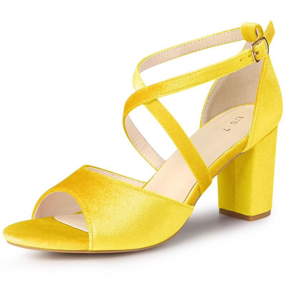 Cross Strap Velvet Block Heel Sandals Yellow